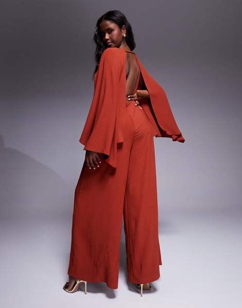ASOS DESIGN cape detail wide leg jumpsuit with open back in deep rust