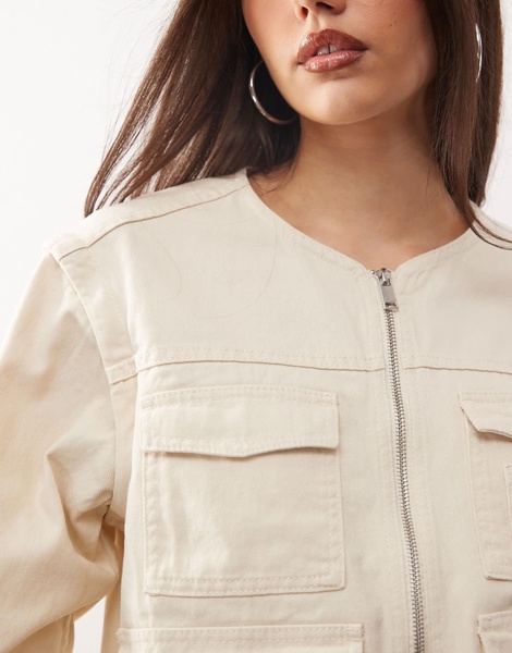 Monki utility jacket with zip off sleeves in beige