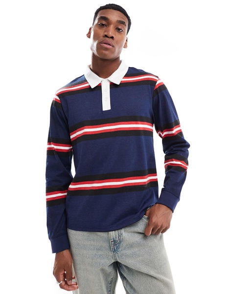 Another Influence striped long sleeve polo shirt in navy