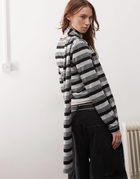 COLLUSION fitted cardigan in fluffy monochrome stripe with scarf