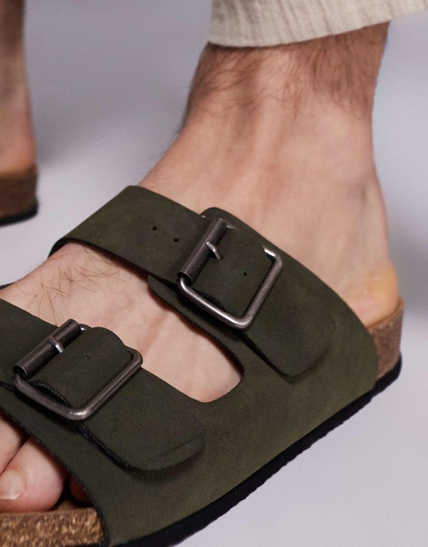 ASOS DESIGN two strap sandals in olive with cork soles