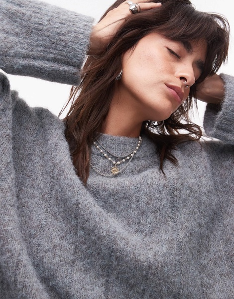Topshop knitted fluffy rib oversized crew sweater in gray