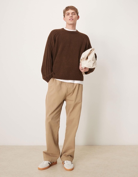 ASOS DESIGN super oversized boxy fit knit crew neck sweater with wide rib sleeves in brown
