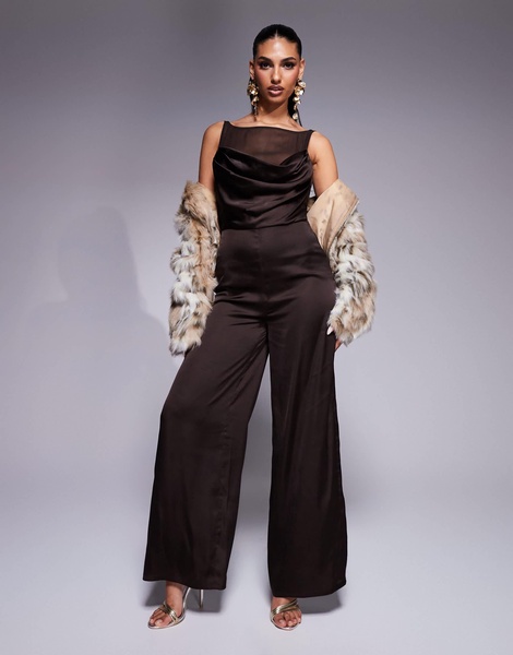ASOS DESIGN cowl neck satin jumpsuit with sheer underlay and buckle back in chocolate brown