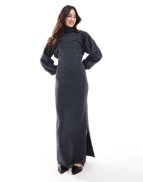 Pieces knitted roll neck cropped sweater in charcoal - part of a set