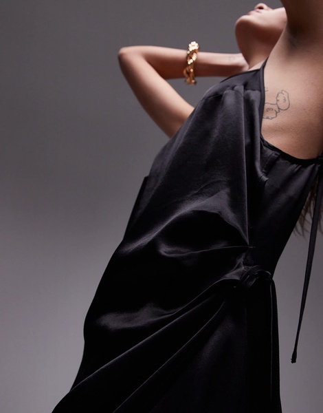 Topshop premium square neck wrap midi slip in black