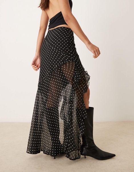 ASOS DESIGN chiffon ruffle detail maxi skirt in mono dot