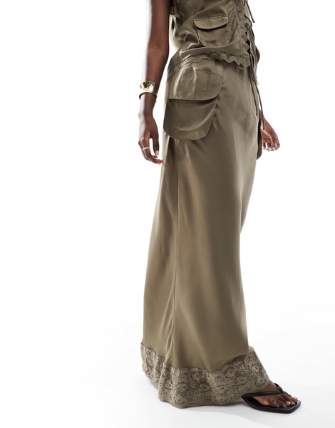 ASOS DESIGN lace trim utility maxi skirt in khaki - part of a set