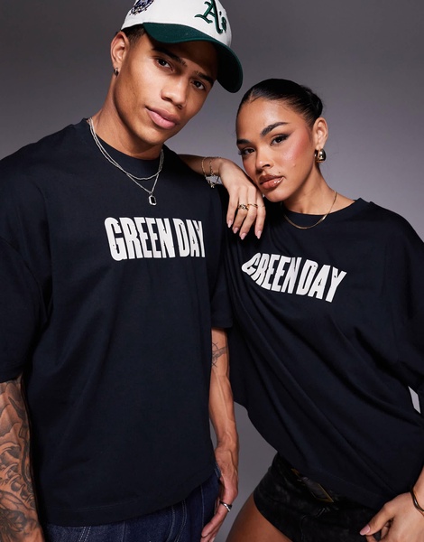 ASOS DESIGN unisex boxy oversized licensed t-shirt with Green Day prints in black