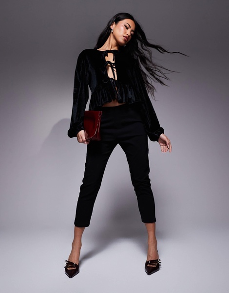 ASOS DESIGN velvet tie front long sleeve top in black