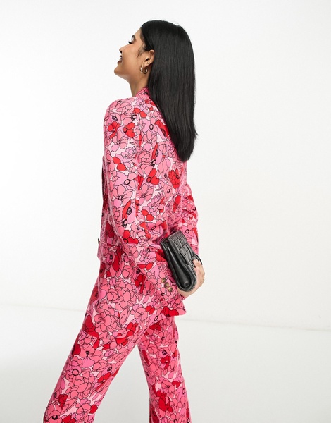 ASOS DESIGN poppy printed oversized double breasted suit blazer with linen in pink