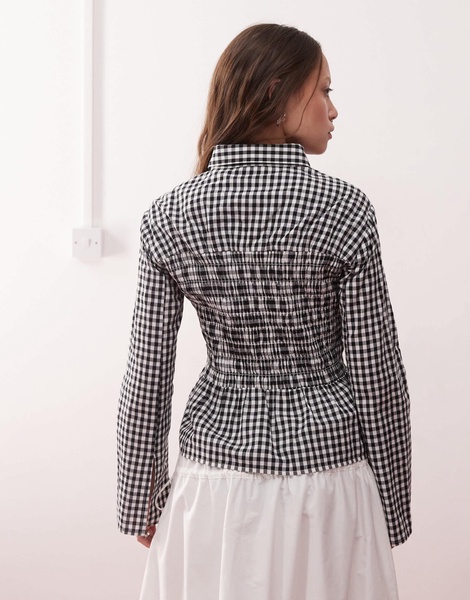 Reclaimed Vintage ruched cinched shirt in black and white gingham