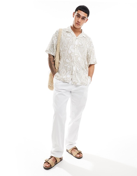 ADPT oversized revere collar shirt with floral print in beige