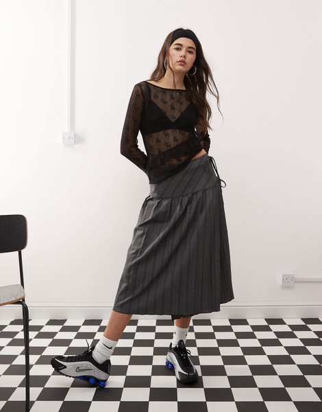 COLLUSION long sleeve branded lace sheer top in black