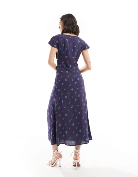 ASOS DESIGN v neck flutter sleeve midi tea dress in navy ditsy floral print