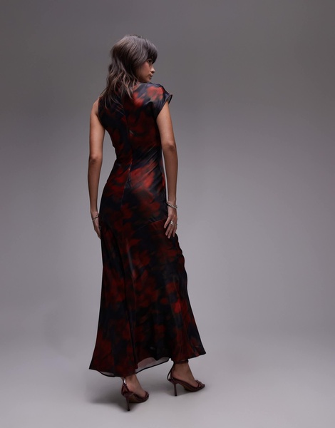 Topshop knot neck detail midi dress in red floral