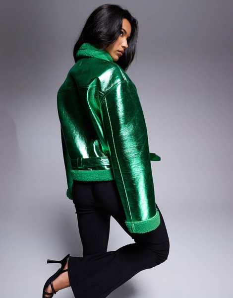 Amy Lynn aviator jacket in metallic emerald green