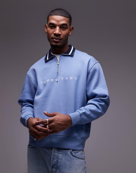 Tommy Jeans linear logo half zip sweatshirt in washed blue