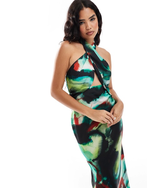 ASOS DESIGN satin halter cross front cut out detail maxi dress in abstract print
