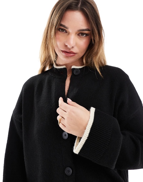 ASOS DESIGN knit crew neck cardigan with tipping detail in black