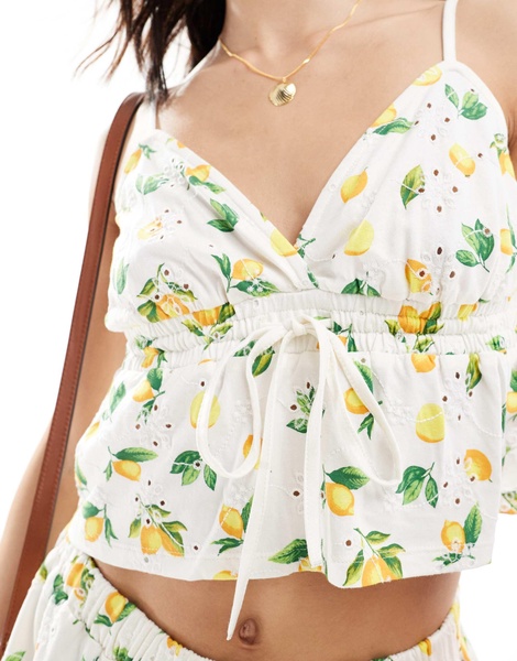 ASOS DESIGN broderie babydoll cami top in lemon print - part of a set