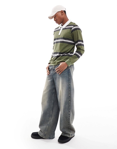 Another Influence striped long sleeve polo shirt in khaki