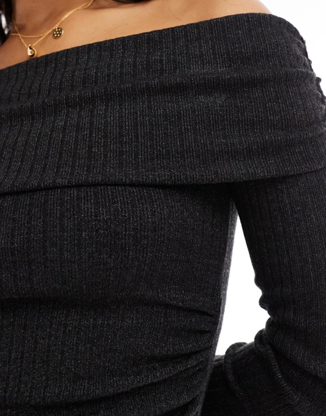 Bershka ribbed bardot top in dark gray