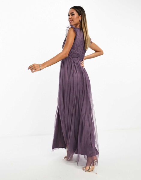 Anaya Bridesmaid plunge tulle maxi dress with thigh split in purple