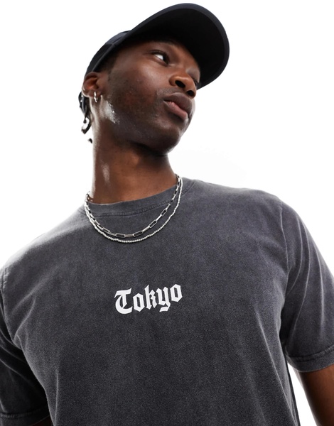 Another Influence tokyo acid washed relaxed fit t-shirt in charcoal gray
