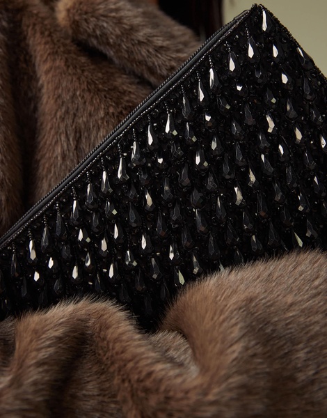 ASOS DESIGN zip top clutch bag in all over beads in black