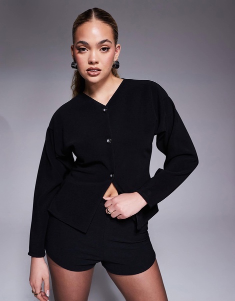 ASOS DESIGN ribbed balloon sleeve structured button up top in black - part of a set