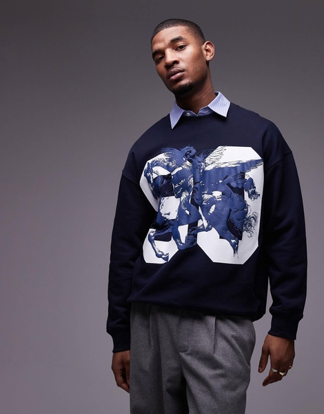 Topman oversized fit sweatshirt with Pegasus textured print in navy