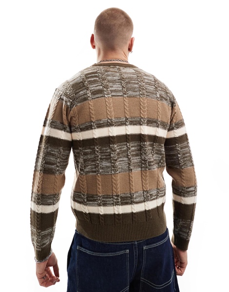 Another Influence mix match stripe round neck sweater in brown