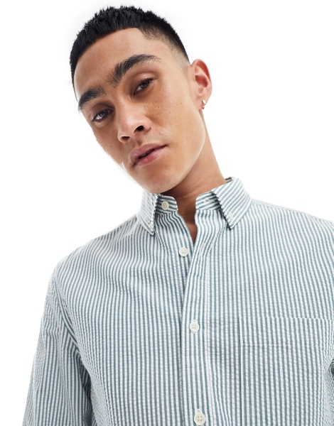 ASOS DESIGN seersucker textured smart regular shirt in green stripe