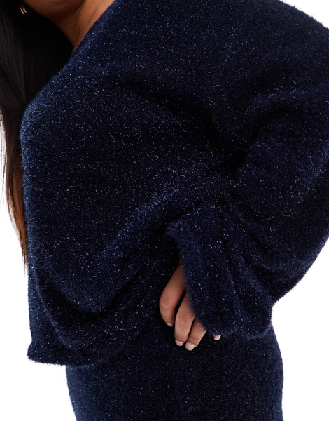 4th & Reckless Plus metallic tinsel V-neck sweater in navy - part of a set