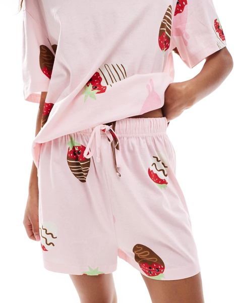 ASOS DESIGN chocolate strawberry oversized tee & shorts pajama set in pink