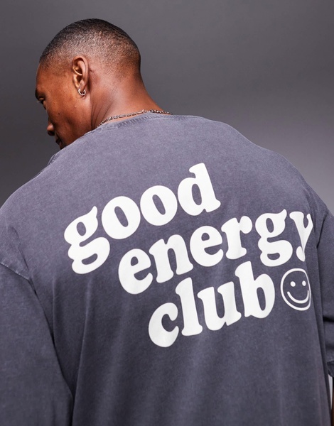ADPT oversized washed good energy back print T-shirt in dark gray