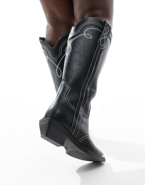 ASOS DESIGN Curve Celeste flat western knee boots in black with stitching