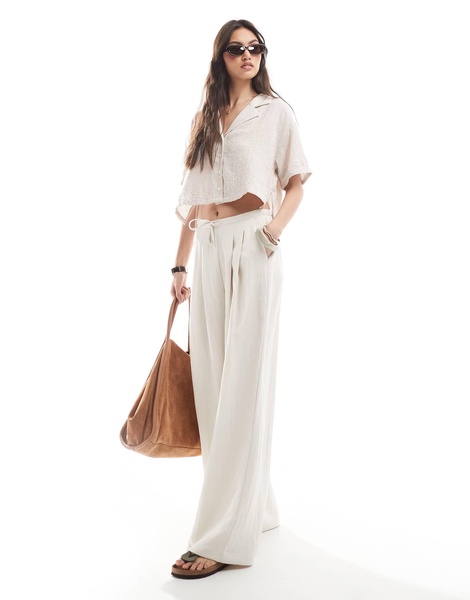 Bershka linen look short sleeve boxy shirt in beige stripe