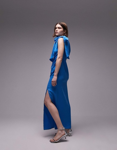 Topshop premium cupro draped maxi dress in blue