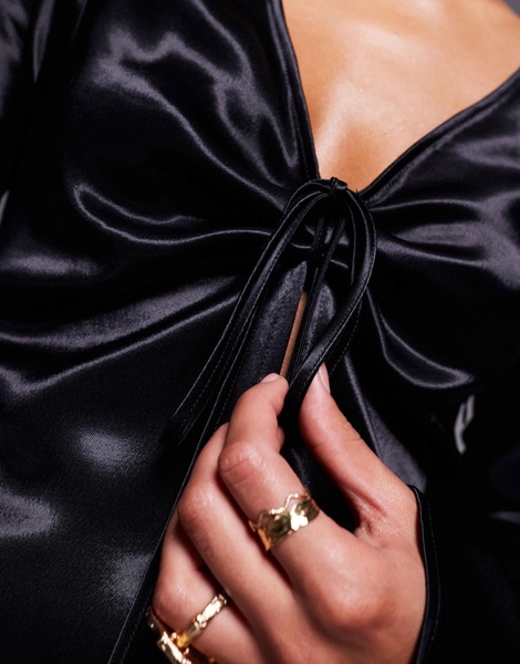 ASOS DESIGN satin angel sleeve plunge mini dress in black