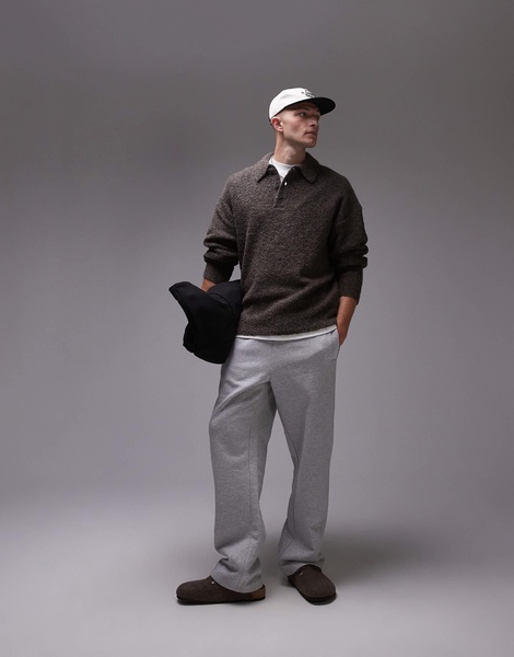 Topman oversized fit boucle polo shirt in heathered brown