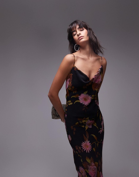 Topshop twist back cowl neck midi slip dress in pink and lime floral
