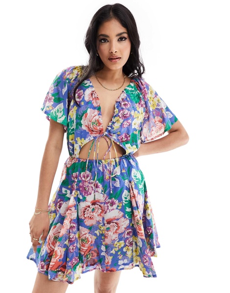 ASOS DESIGN mini cut out dress with godet skirt in blue floral print
