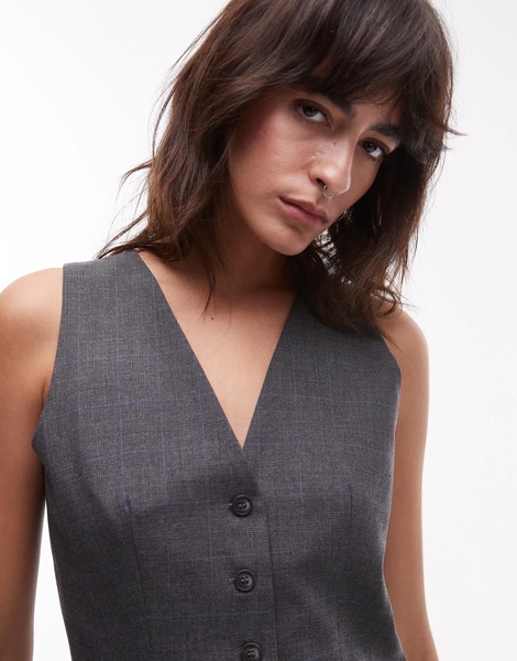 Topshop high neck button through vest in gray check