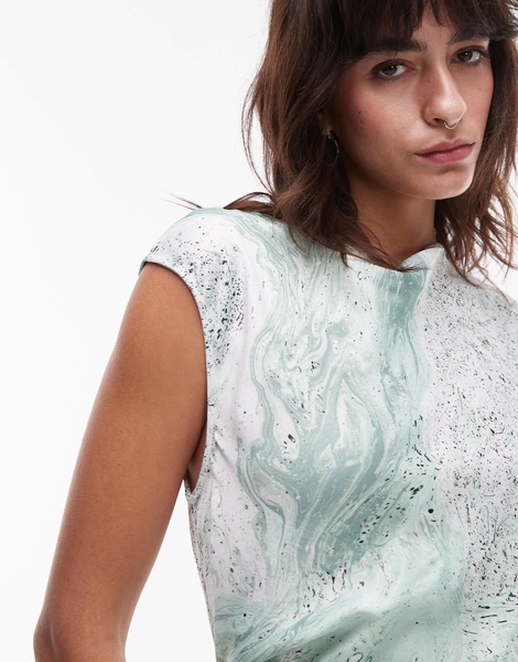 & Other Stories bias cut satin midi dress with drape detail in green oil print