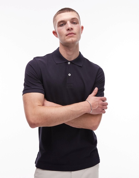 ARKET pique jersey short sleeve polo shirt in navy blue