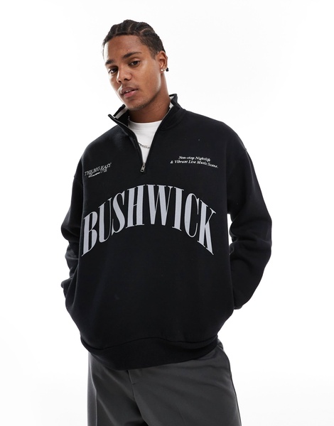 Bershka 1/4 zip printed sweatshirt in black