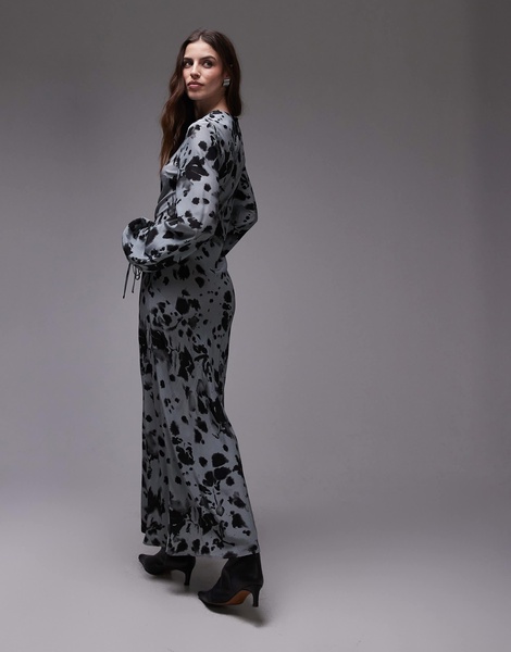 Topshop balloon sleeve maxi dress in gray abstract floral