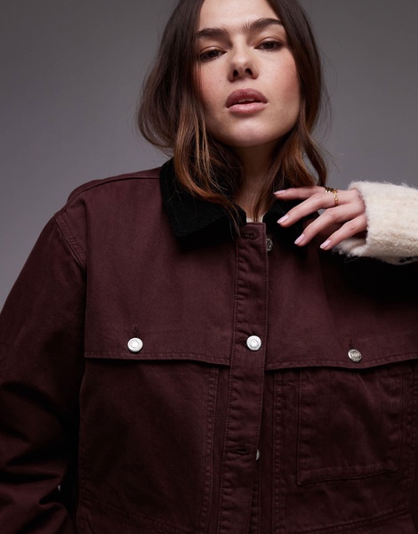 Topshop denim trucker jacket with contrast corduroy collar in burgundy